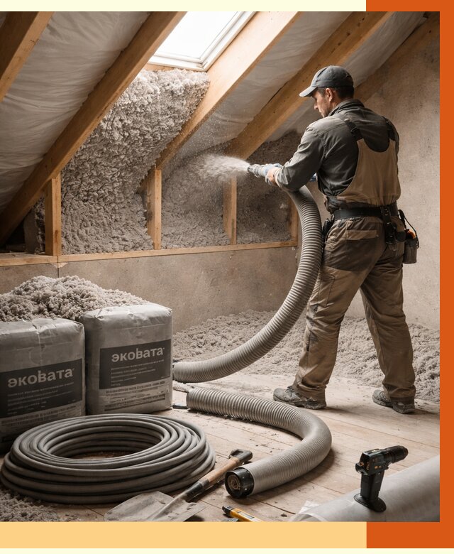 Утепление мансарды эковатой в Анжеро-Судженске от 2257 руб/м2 — монтаж, задувка, цена | ТепломастерНжр